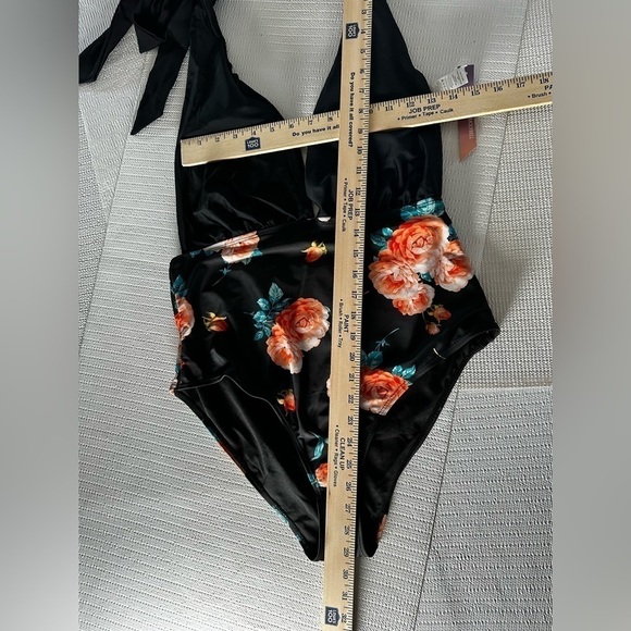 FLORAL SWIMSUIT XL One Piece Halter Back Out Deep V Neck Plunge Wireless Women - Picture 5 of 12